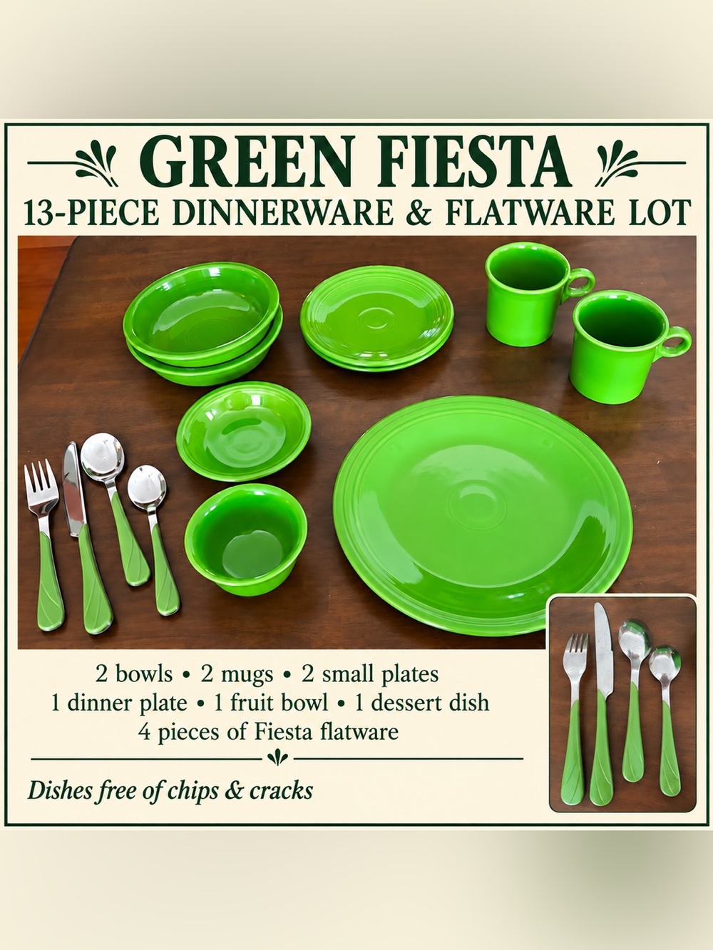 Green Fiesta Dinnerware & Flatware Lot – 13 Pieces